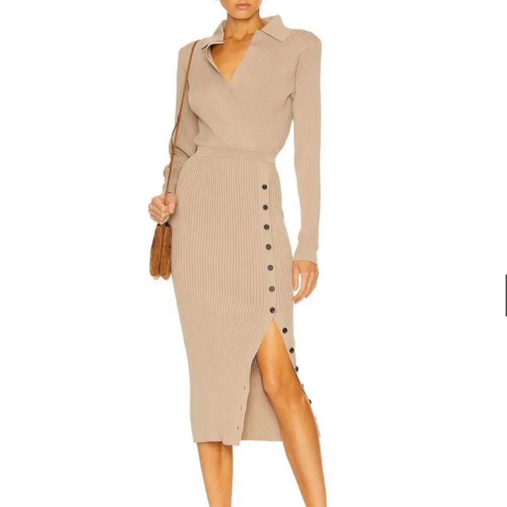 Self-Portrait Tan Long Sleeve Dress with Button Accents